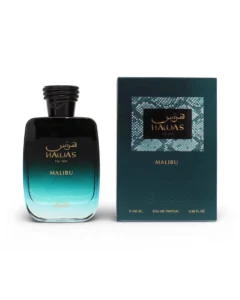 Rasasi Hawas Malibu perfume bottle beside box against white background