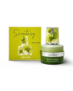 armaf Scentasy matcha magix perfume bottle beside packaging against white background